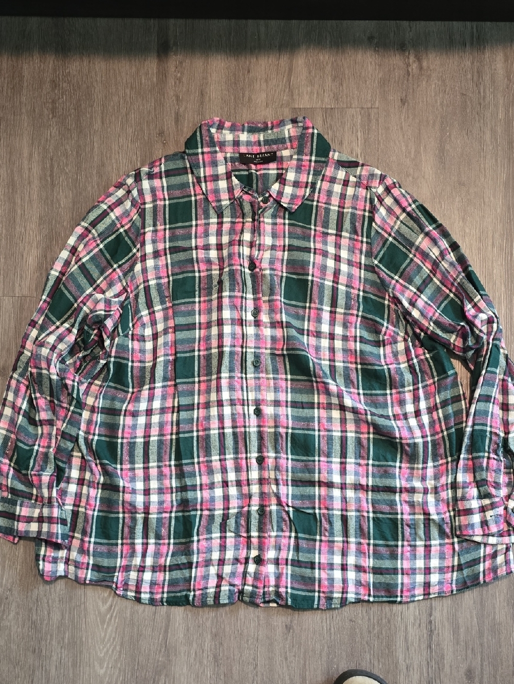 Lane Bryant Pink and Green Plaid Button-Down Shirt